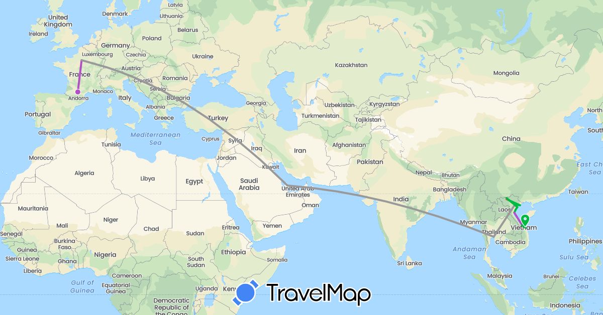 TravelMap itinerary: driving, bus, plane, train, hiking in France, Qatar, Thailand, Vietnam (Asia, Europe)